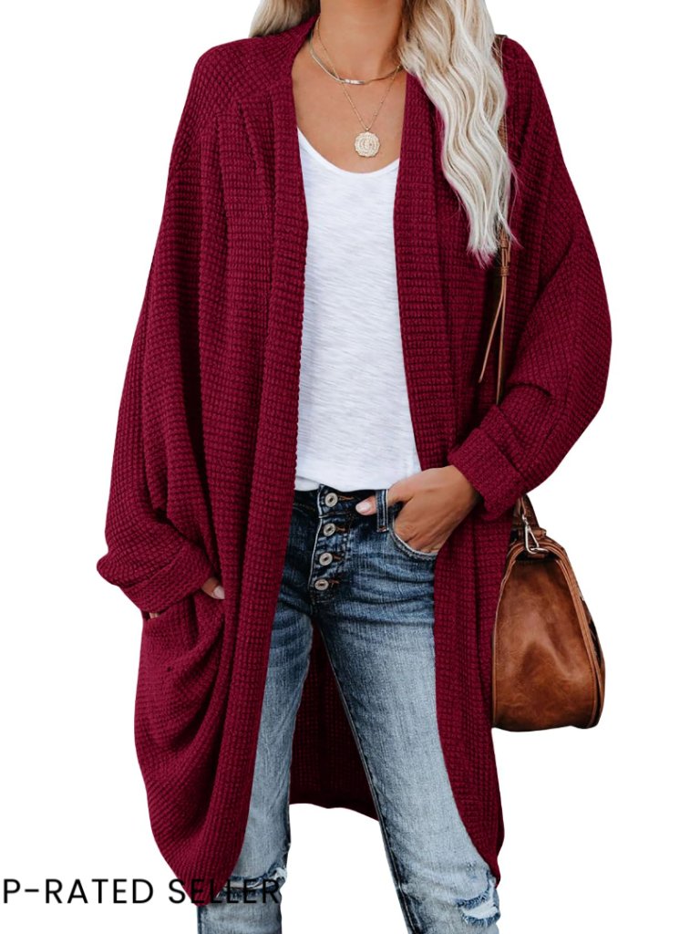 Oversized Batwing Sleeve Cardigan Chunky Knit Waffle Cable Boho Pockets Coat